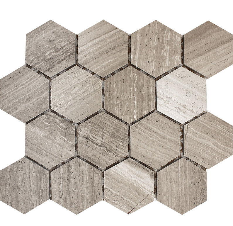 Parvatile Wood Grain Hexagon 3" x 3" Stone Mosaic Tile in Gray Polished